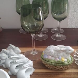 6 Green Long Stem Wine Glasses SPRING Easter Table Setting Barware
